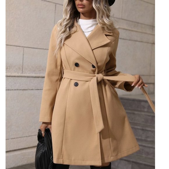 Tan Preppy Womens Lapel Neck Double Breasted Belted Overcoat - Picture 6 of 8
